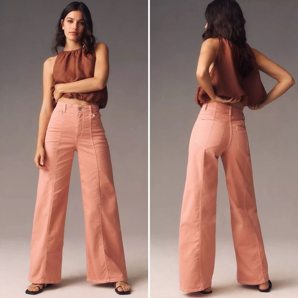 Maeve Anthropologie Delaney Clean-Seamed High-Rise Wide-Leg Jeans in Salmon Pink